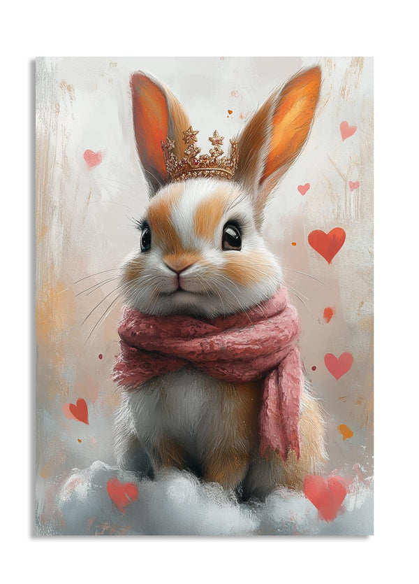 Illustration of a rabbit wearing a crown and pink scarf with heart background, as a premium aluminum metal print from GoMetalPrint.

