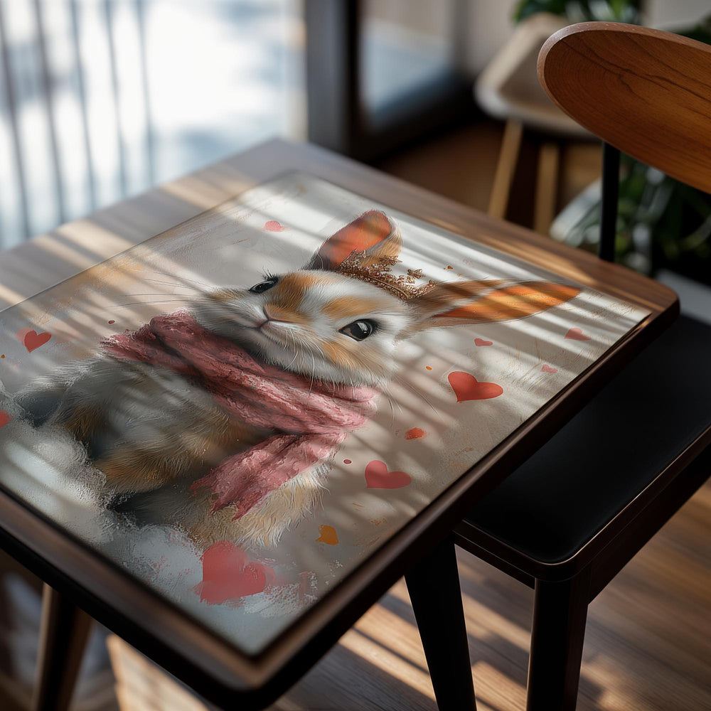Illustration of a rabbit wearing a crown and pink scarf with heart background, as a premium aluminum metal print from GoMetalPrint.
