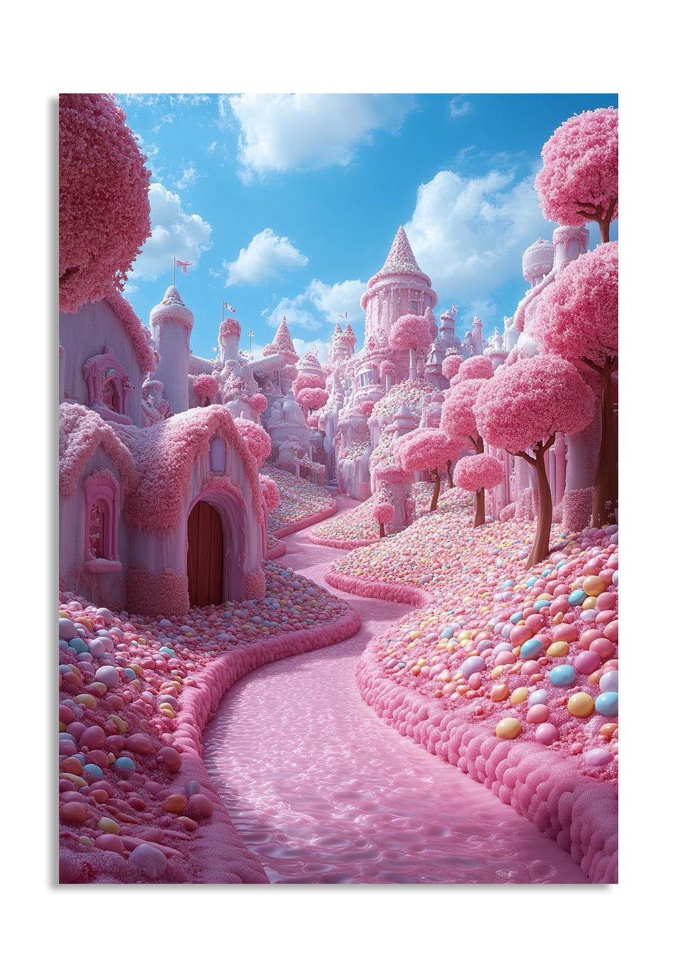 Fantasy pink castle with candy-like landscape under a blue sky, as a premium aluminum metal print from GoMetalPrint.
