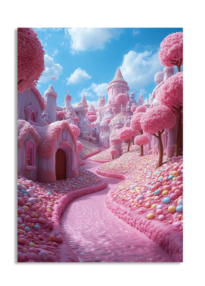 Fantasy pink castle with candy-like landscape under a blue sky, as a premium aluminum metal print from GoMetalPrint.
