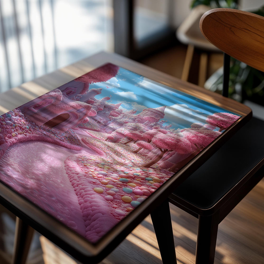 Fantasy pink castle with candy-like landscape under a blue sky, as a premium aluminum metal print from GoMetalPrint.
