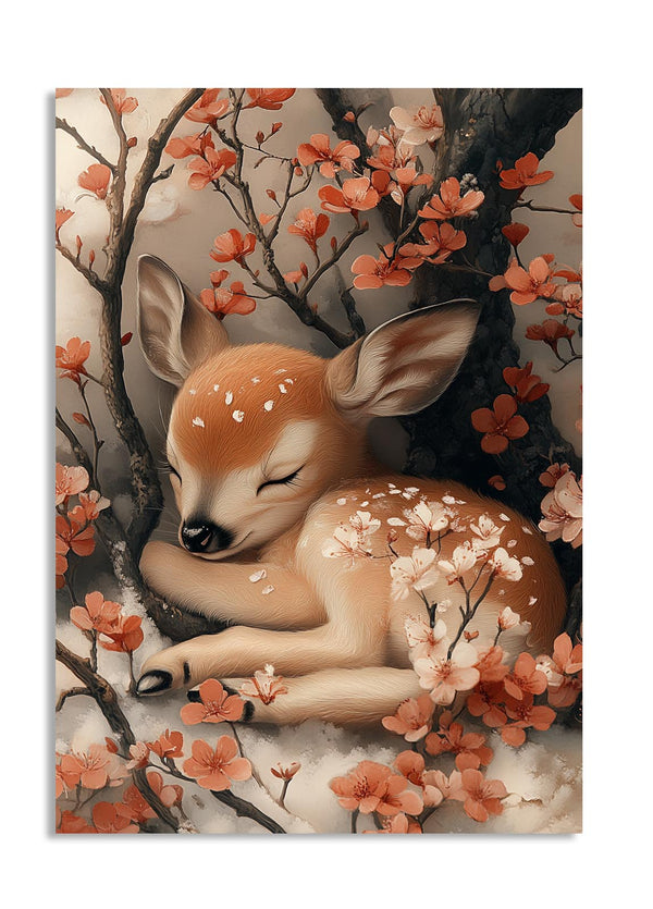 Sleeping deer surrounded by cherry blossoms and autumn leaves, as a premium aluminum metal print from GoMetalPrint.
