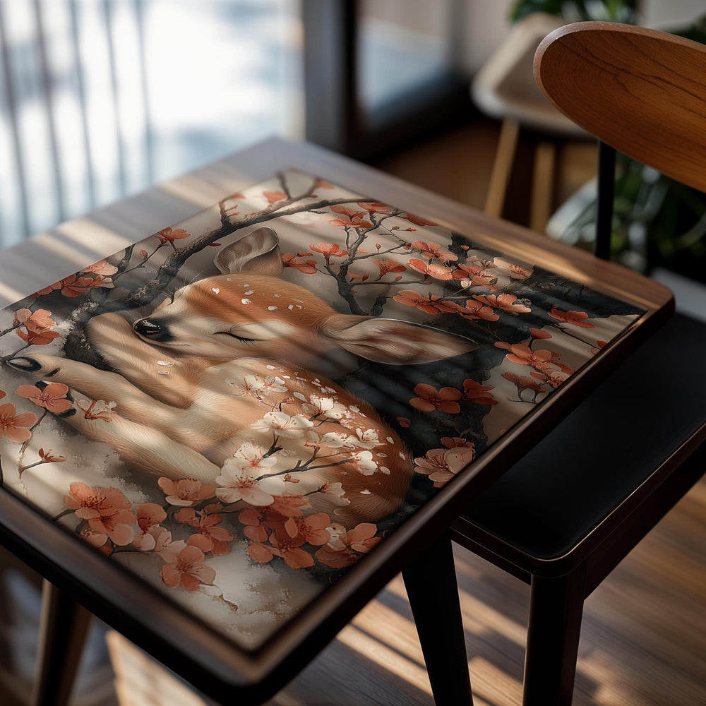 Sleeping deer surrounded by cherry blossoms and autumn leaves, as a premium aluminum metal print from GoMetalPrint.
