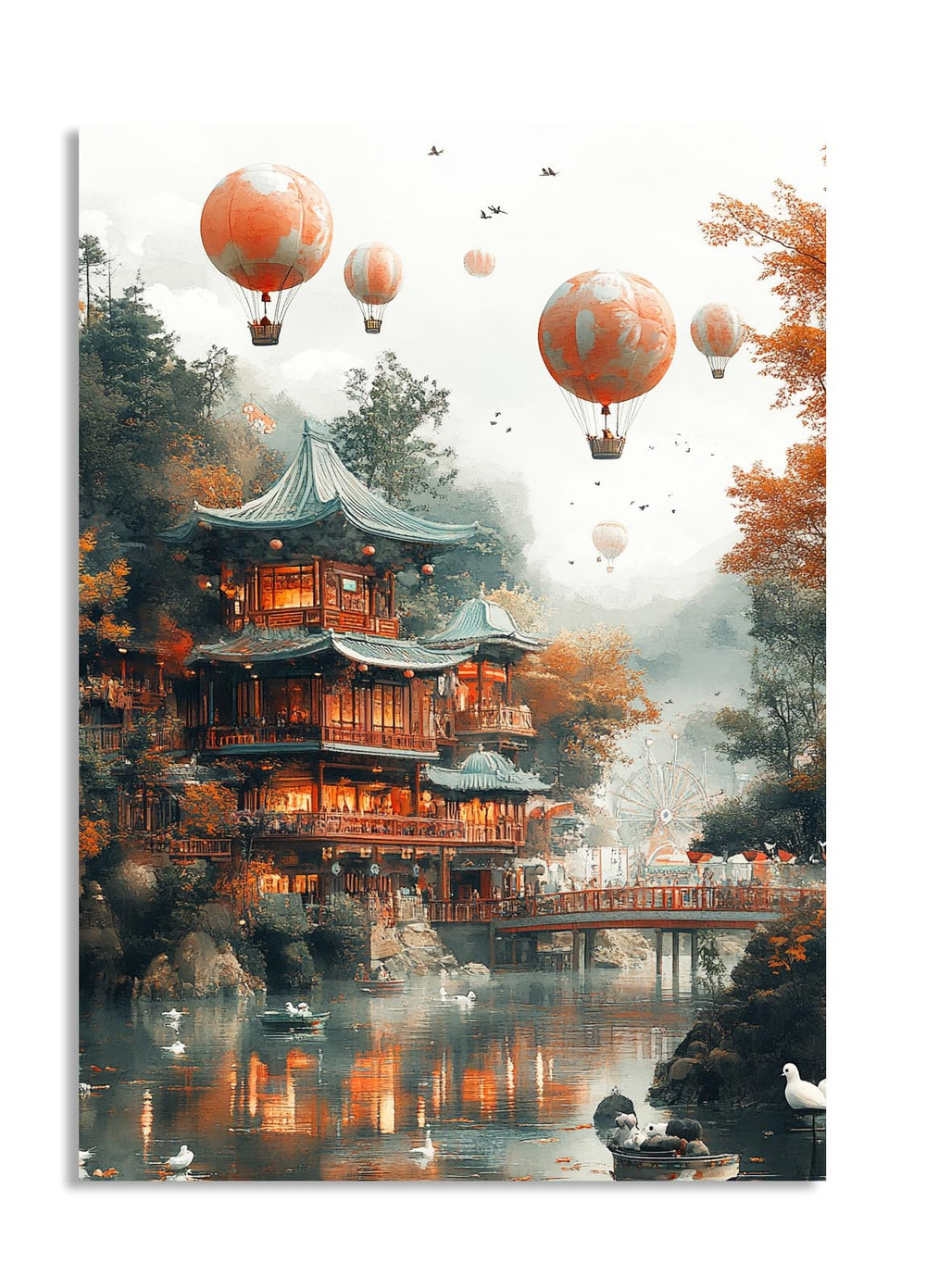 Traditional Japanese building with hot air balloons in a scenic setting, as a premium aluminum metal print from GoMetalPrint.
