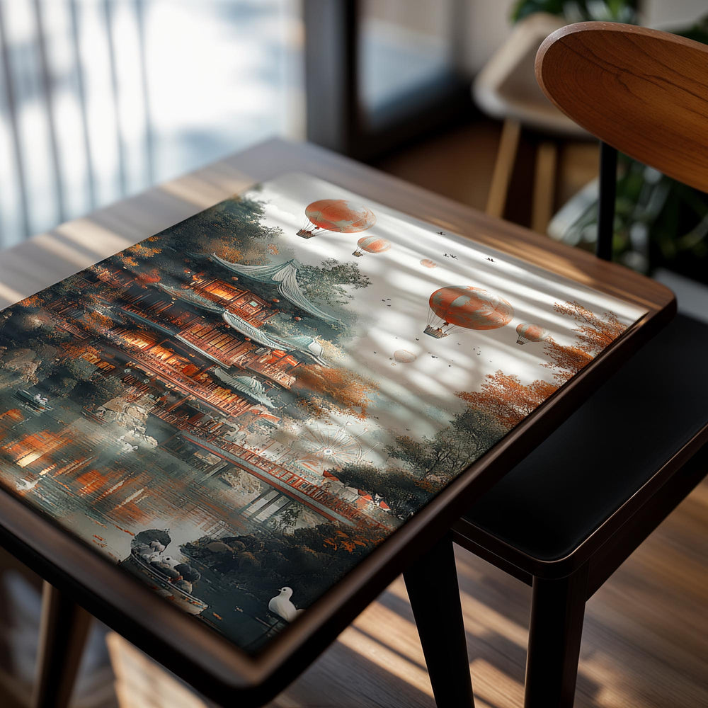 Traditional Japanese building with hot air balloons in a scenic setting, as a premium aluminum metal print from GoMetalPrint.
