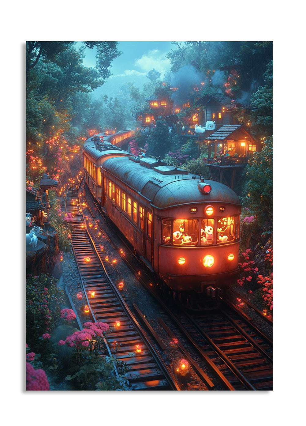 Vintage train on a track surrounded by trees and glowing lights in a fantasy setting, as a premium aluminum metal print from GoMetalPrint.
