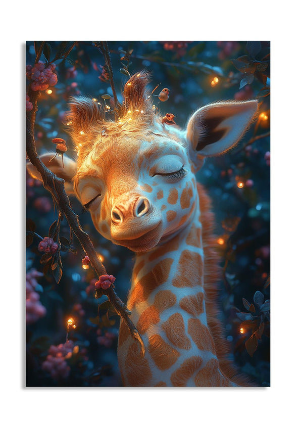 Giraffe with closed eyes surrounded by flowers and lights in a magical forest setting, as a premium aluminum metal print from GoMetalPrint.
