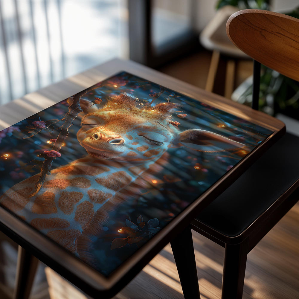 Giraffe with closed eyes surrounded by flowers and lights in a magical forest setting, as a premium aluminum metal print from GoMetalPrint.
