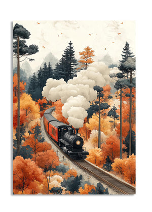 Train on tracks surrounded by autumn trees with colorful foliage, as a premium aluminum metal print from GoMetalPrint.
