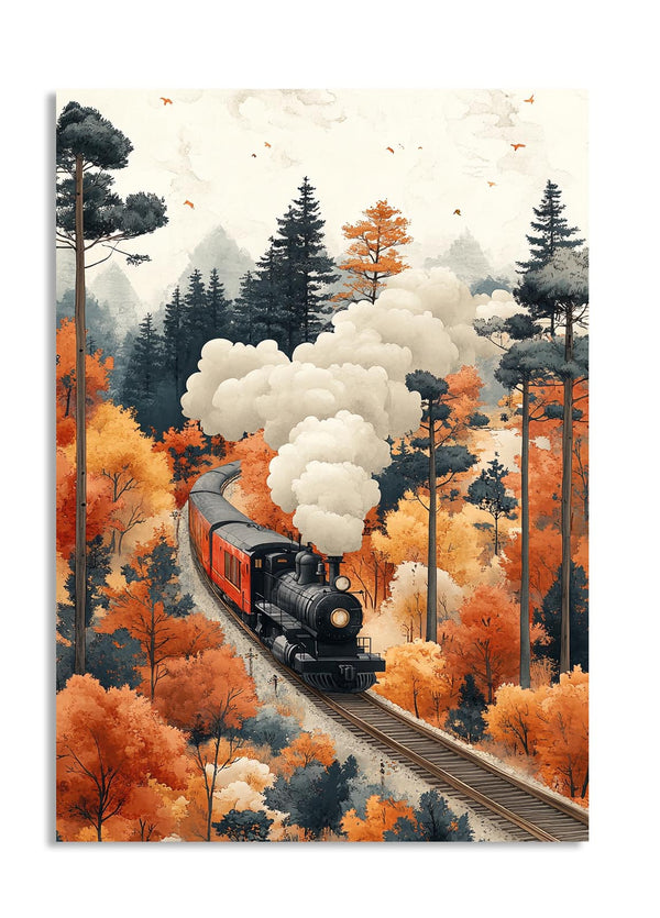 Train on tracks surrounded by autumn trees with colorful foliage, as a premium aluminum metal print from GoMetalPrint.
