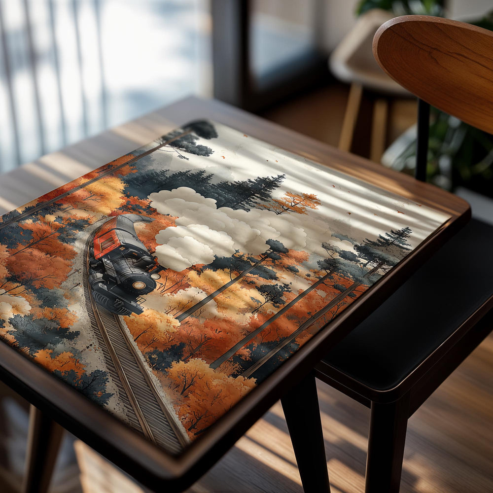 Train on tracks surrounded by autumn trees with colorful foliage, as a premium aluminum metal print from GoMetalPrint.
