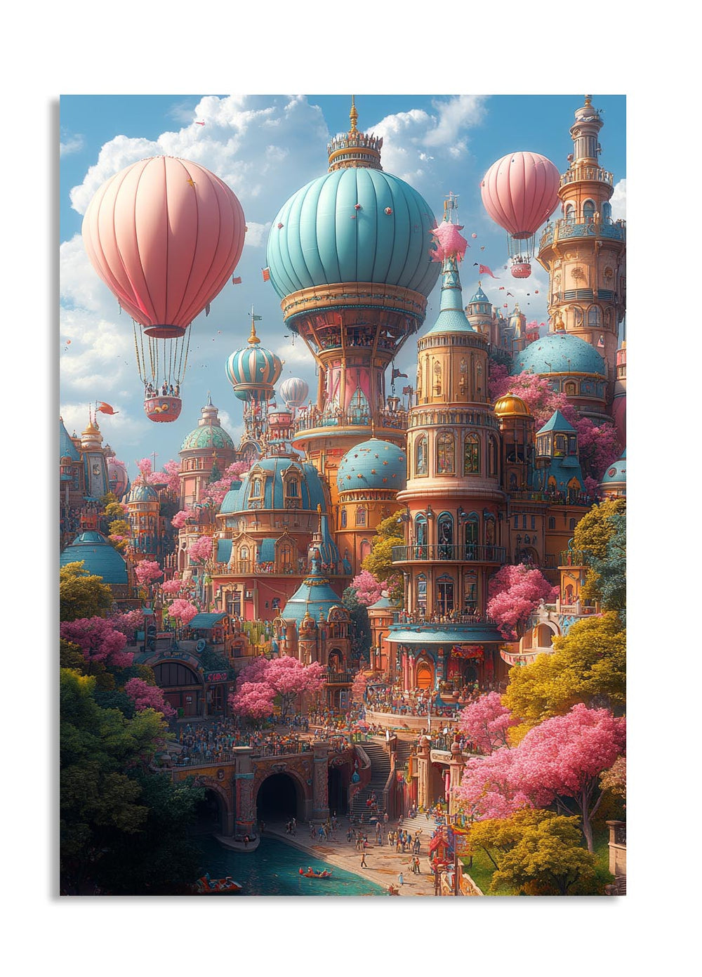 Fantasy cityscape with colorful buildings and hot air balloons, as a premium aluminum metal print from GoMetalPrint.
