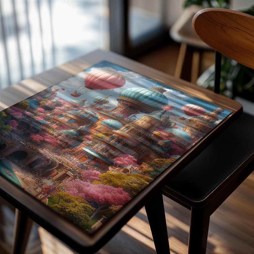 Fantasy cityscape with colorful buildings and hot air balloons, as a premium aluminum metal print from GoMetalPrint.
