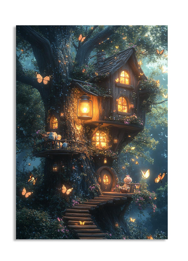 Fantasy treehouse with glowing lights and butterflies in a forest setting, as a premium aluminum metal print from GoMetalPrint.
