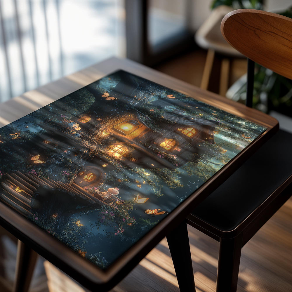 Fantasy treehouse with glowing lights and butterflies in a forest setting, as a premium aluminum metal print from GoMetalPrint.
