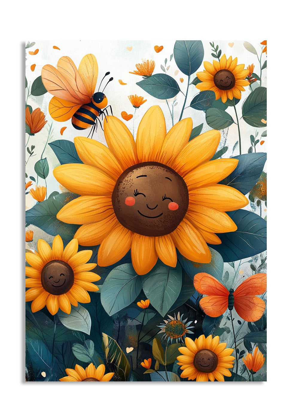Illustration of a smiling sunflower with a bee and butterflies on a floral background, as a premium aluminum metal print from GoMetalPrint.
