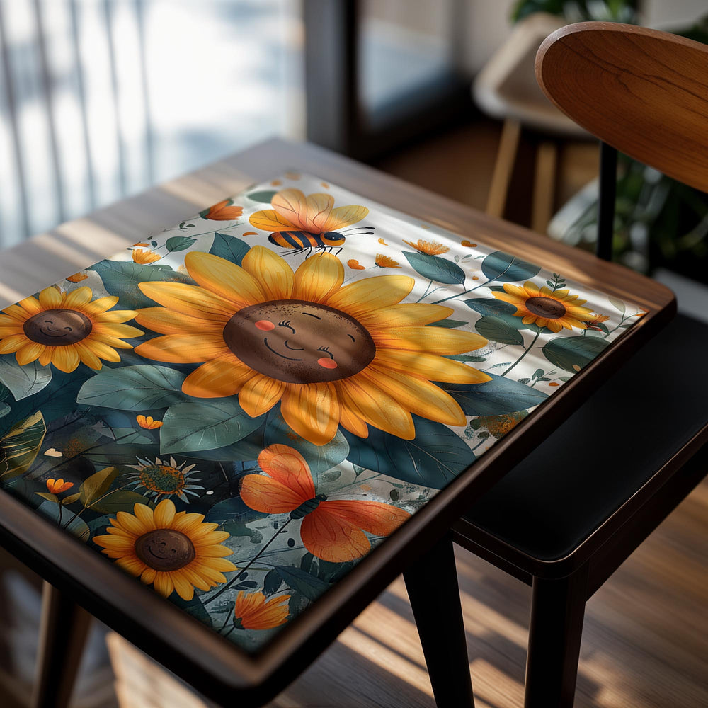 Illustration of a smiling sunflower with a bee and butterflies on a floral background, as a premium aluminum metal print from GoMetalPrint.
