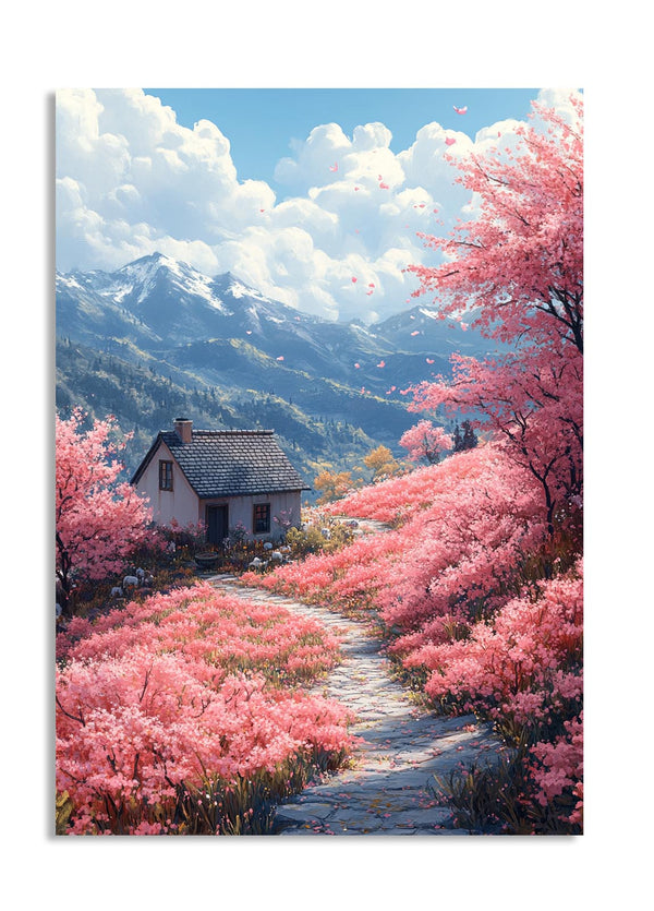 Painting of a small house surrounded by pink cherry blossoms with mountains in the background, as a premium aluminum metal print from GoMetalPrint.
