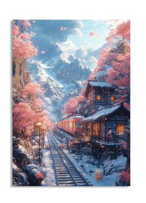 Scenic winter landscape with a snow-covered cabin and cherry blossom trees, as a premium aluminum metal print from GoMetalPrint.
