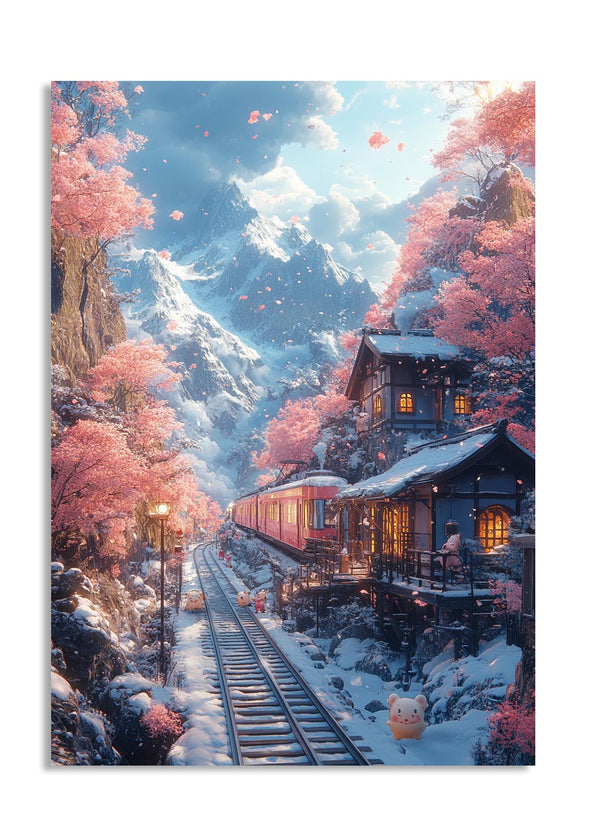 Scenic winter landscape with a snow-covered cabin and cherry blossom trees, as a premium aluminum metal print from GoMetalPrint.
