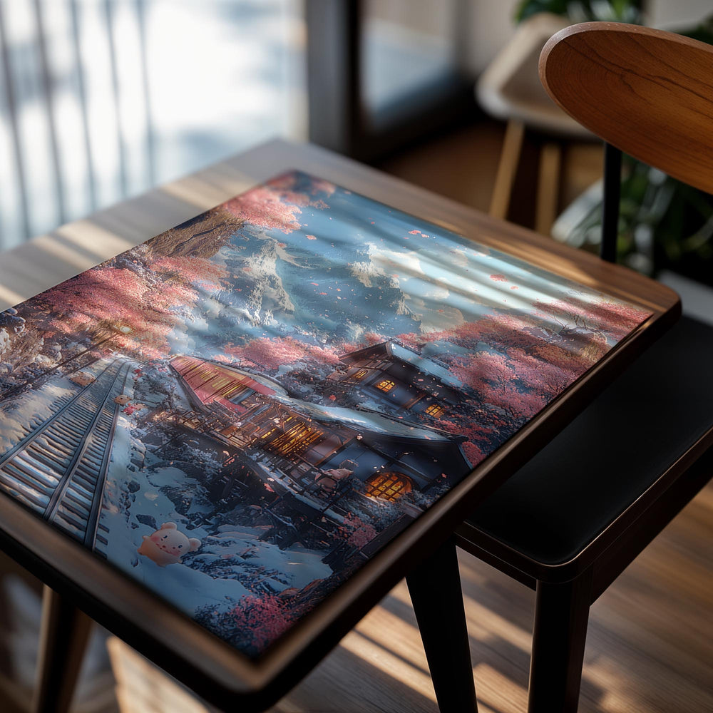 Scenic winter landscape with a snow-covered cabin and cherry blossom trees, as a premium aluminum metal print from GoMetalPrint.
