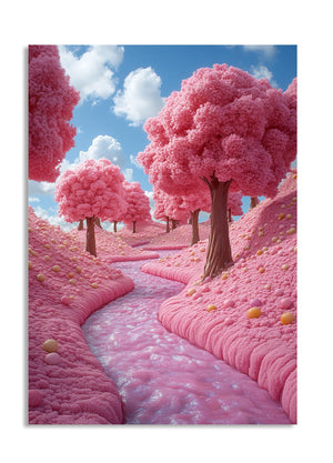 Fantasy landscape with pink trees and a stream on a white background, as a premium aluminum metal print from GoMetalPrint.
