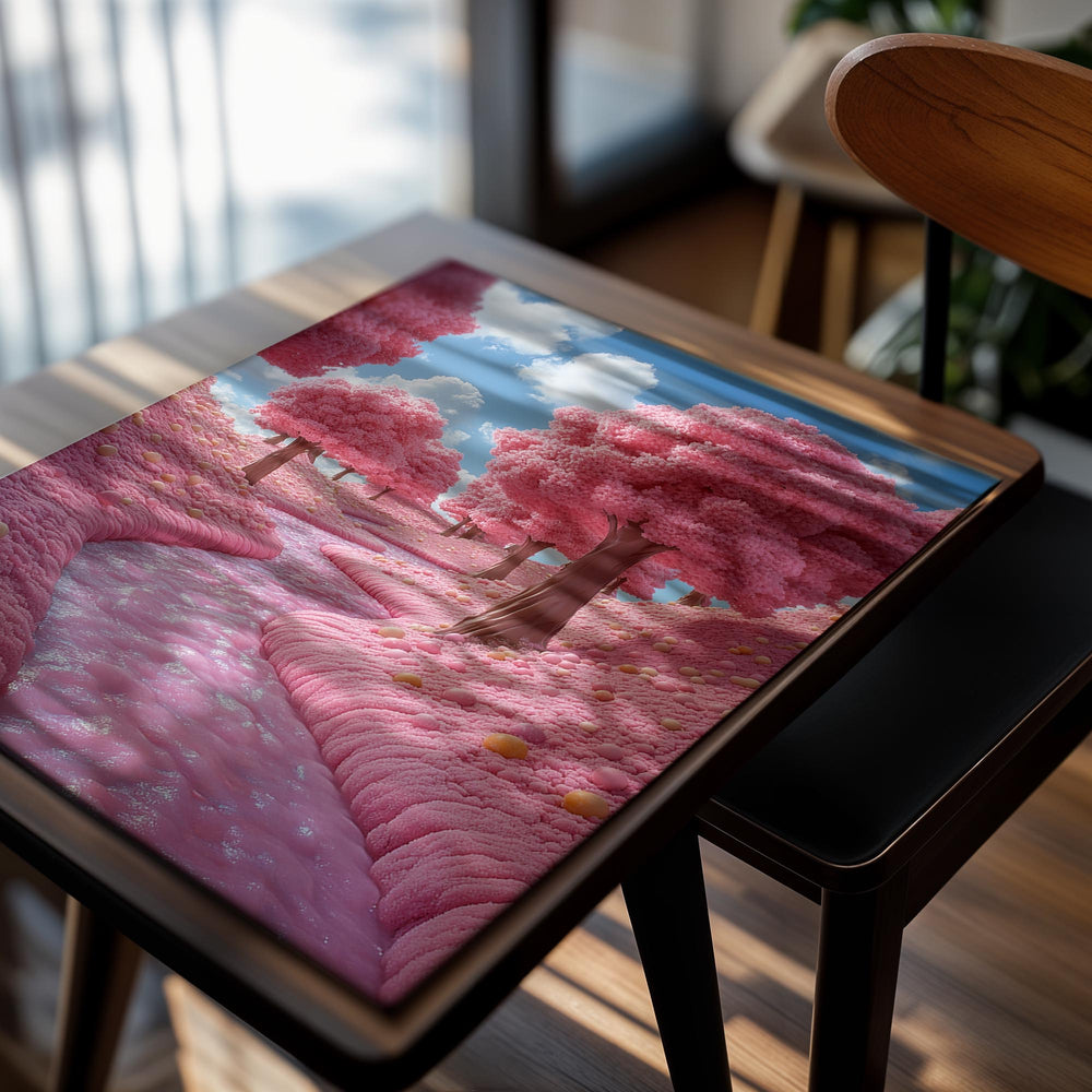 Fantasy landscape with pink trees and a stream on a white background, as a premium aluminum metal print from GoMetalPrint.
