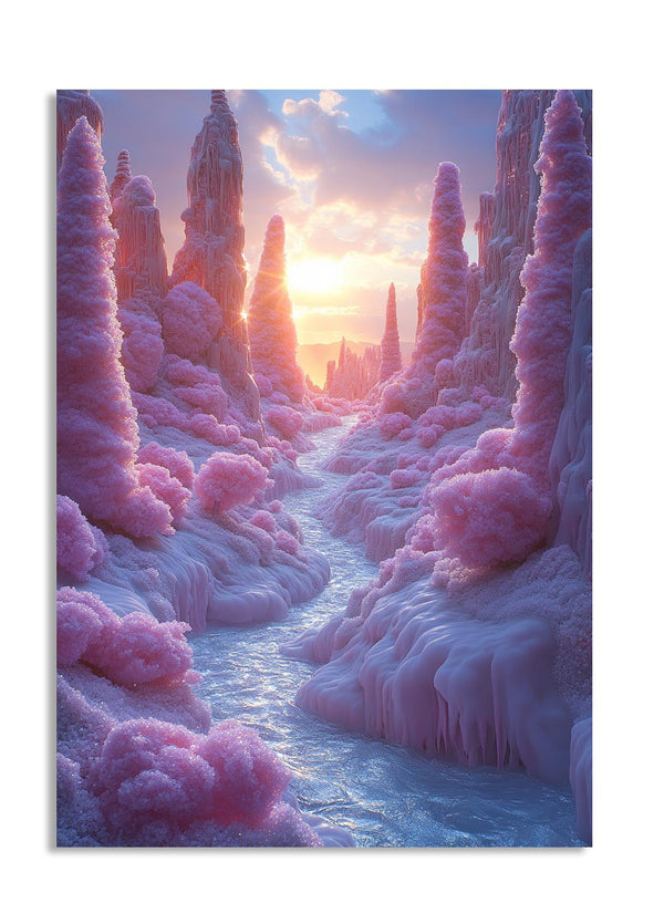 Futuristic landscape with pink ice formations and a sunset sky, as a premium aluminum metal print from GoMetalPrint.
