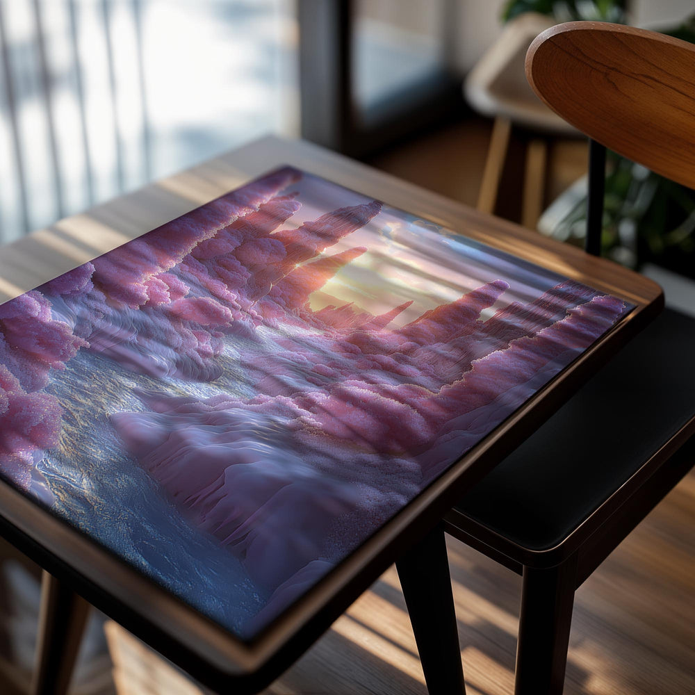 Futuristic landscape with pink ice formations and a sunset sky, as a premium aluminum metal print from GoMetalPrint.
