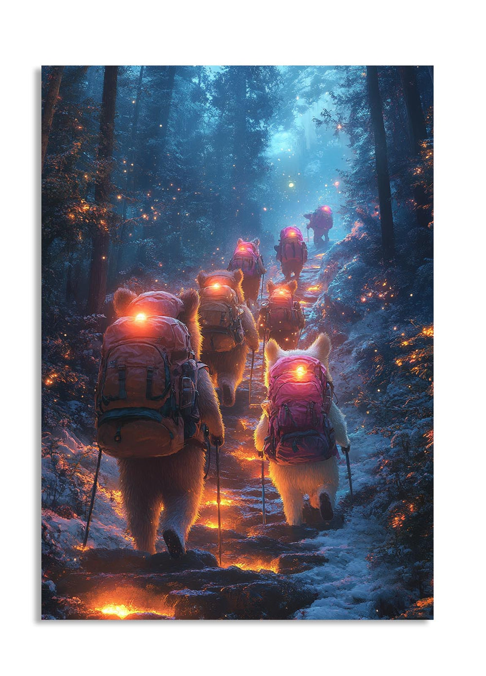 Illustration of people and dogs with backpacks hiking through a forest at night, as a premium aluminum metal print from GoMetalPrint.
