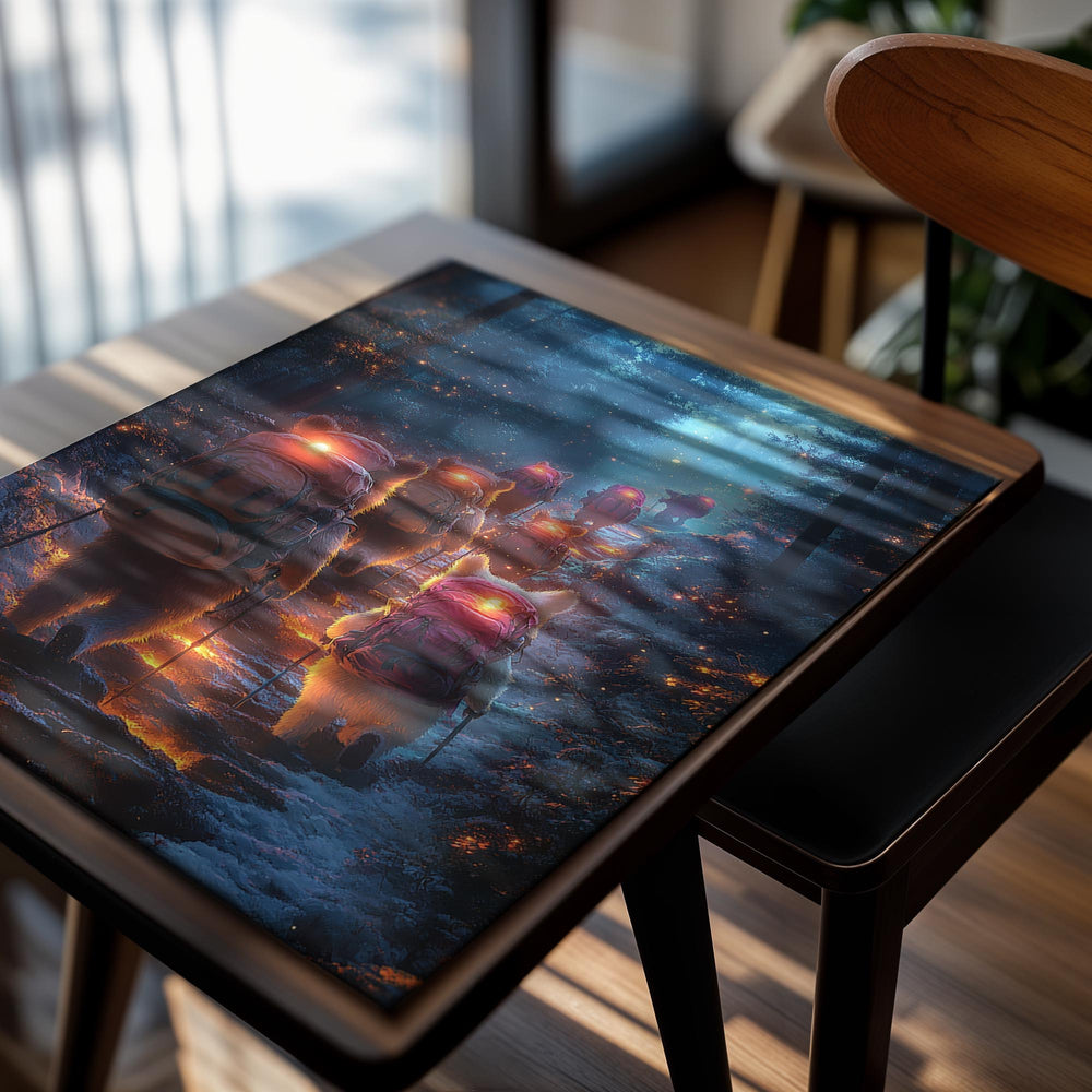 Illustration of people and dogs with backpacks hiking through a forest at night, as a premium aluminum metal print from GoMetalPrint.
