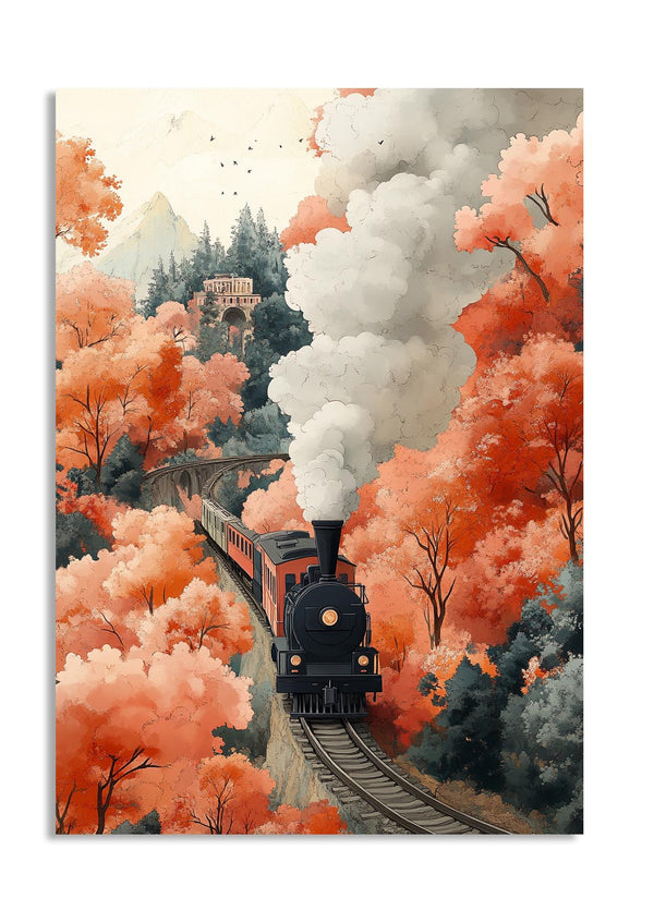 Vintage-style train on a track surrounded by autumn trees with orange and red foliage, as a premium aluminum metal print from GoMetalPrint.
