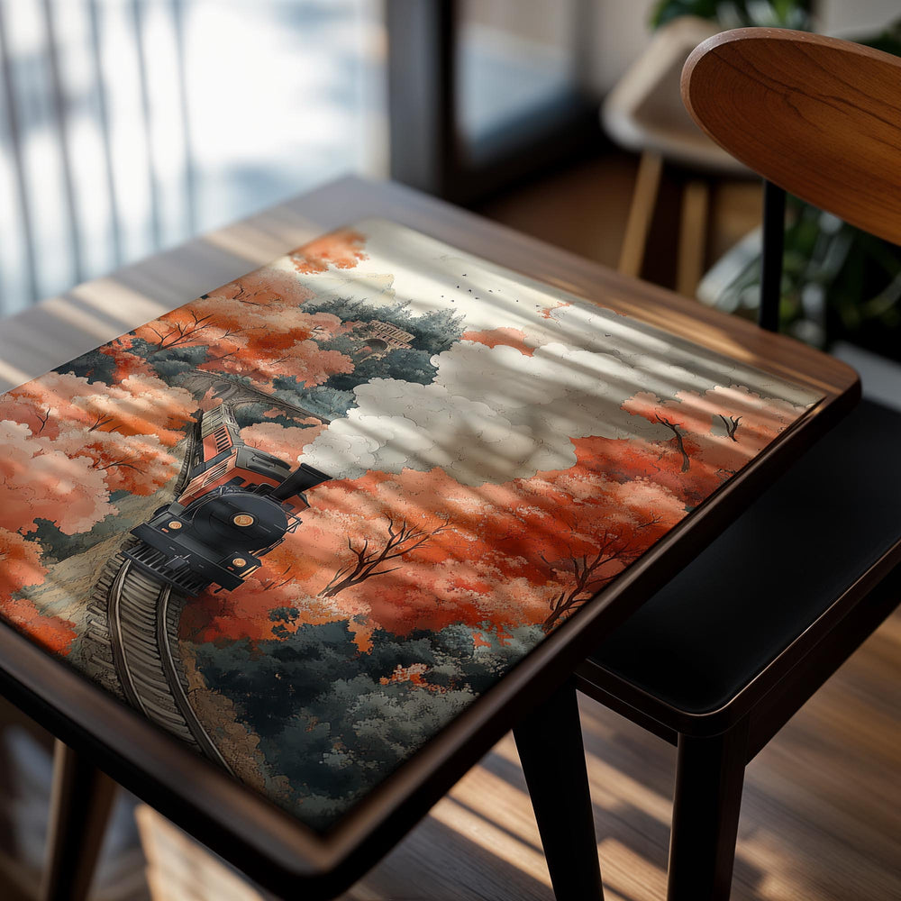 Vintage-style train on a track surrounded by autumn trees with orange and red foliage, as a premium aluminum metal print from GoMetalPrint.
