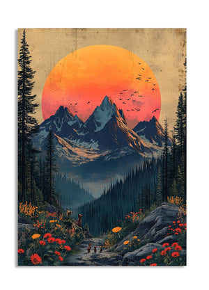 Vintage-style mountain landscape with a large orange sun and forest, as a premium aluminum metal print from GoMetalPrint.
