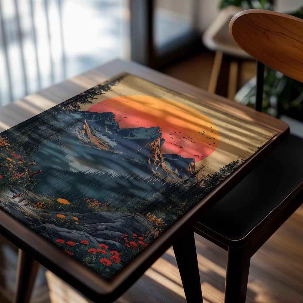 Vintage-style mountain landscape with a large orange sun and forest, as a premium aluminum metal print from GoMetalPrint.
