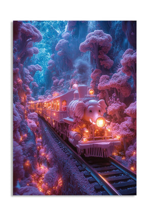 Fantasy train in a magical forest with glowing lights, as a premium aluminum metal print from GoMetalPrint.
