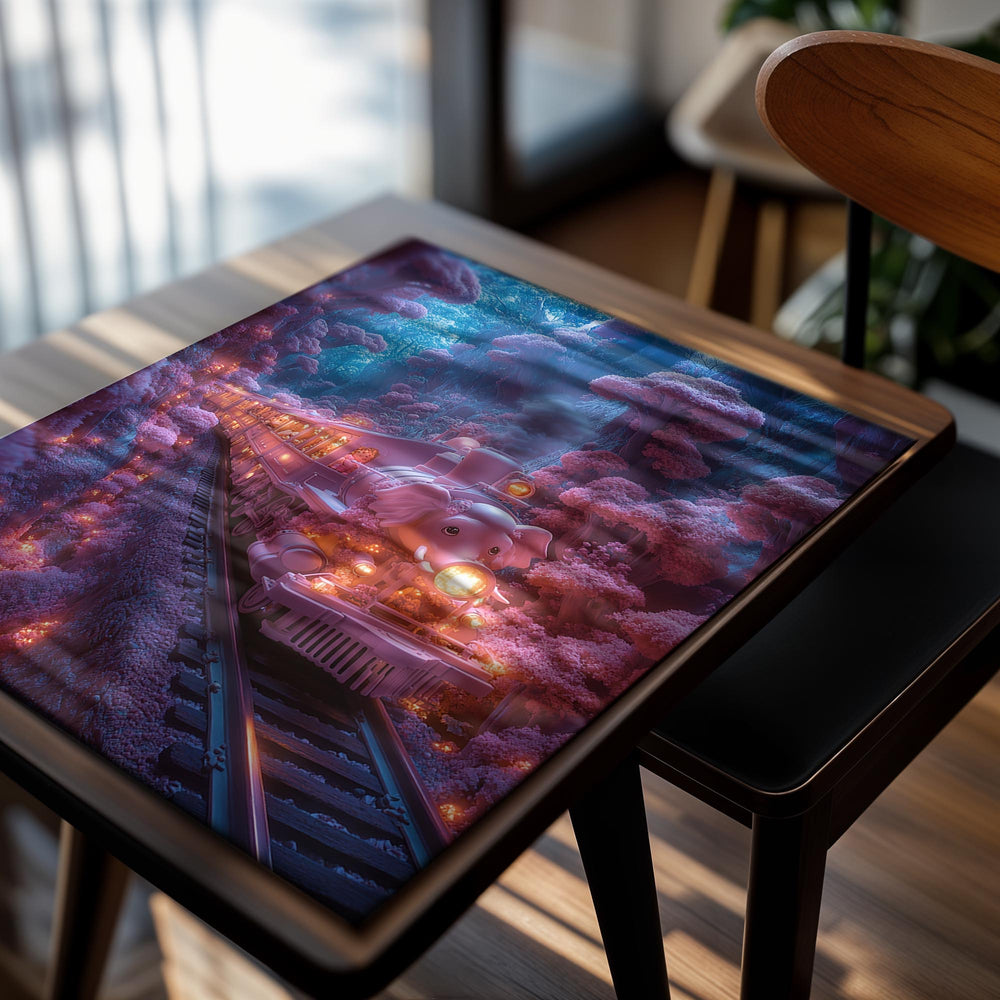 Fantasy train in a magical forest with glowing lights, as a premium aluminum metal print from GoMetalPrint.
