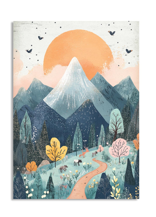 Illustration of a mountain landscape with a sunset, trees, and animals, as a premium aluminum metal print from GoMetalPrint.

