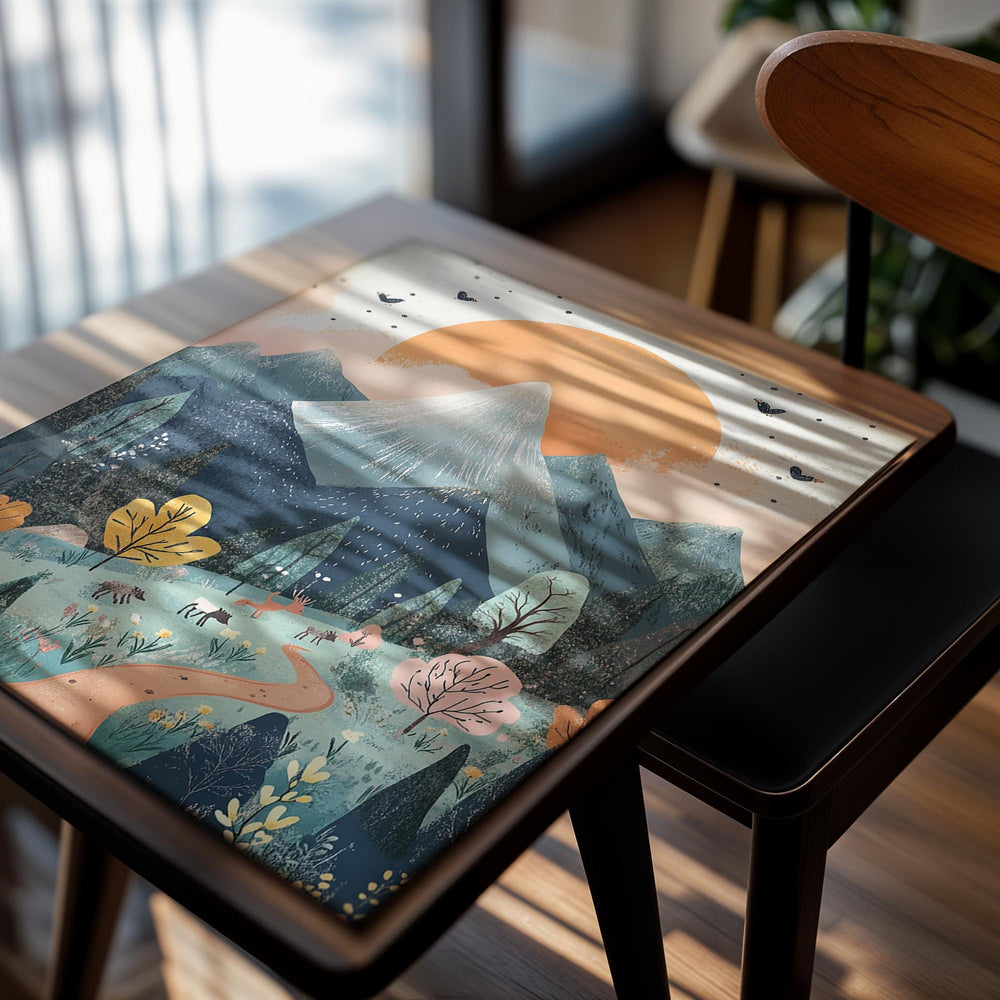 Illustration of a mountain landscape with a sunset, trees, and animals, as a premium aluminum metal print from GoMetalPrint.
