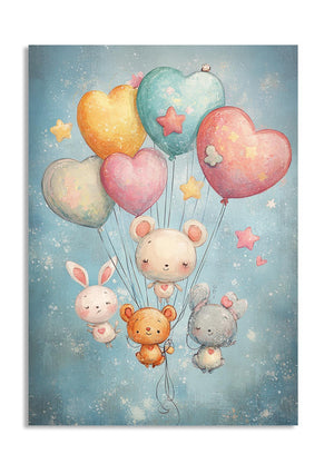 Illustration of cartoon animals with balloons on a blue background, as a premium aluminum metal print from GoMetalPrint.
