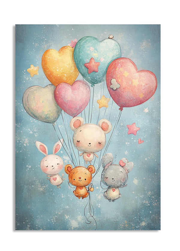 Illustration of cartoon animals with balloons on a blue background, as a premium aluminum metal print from GoMetalPrint.

