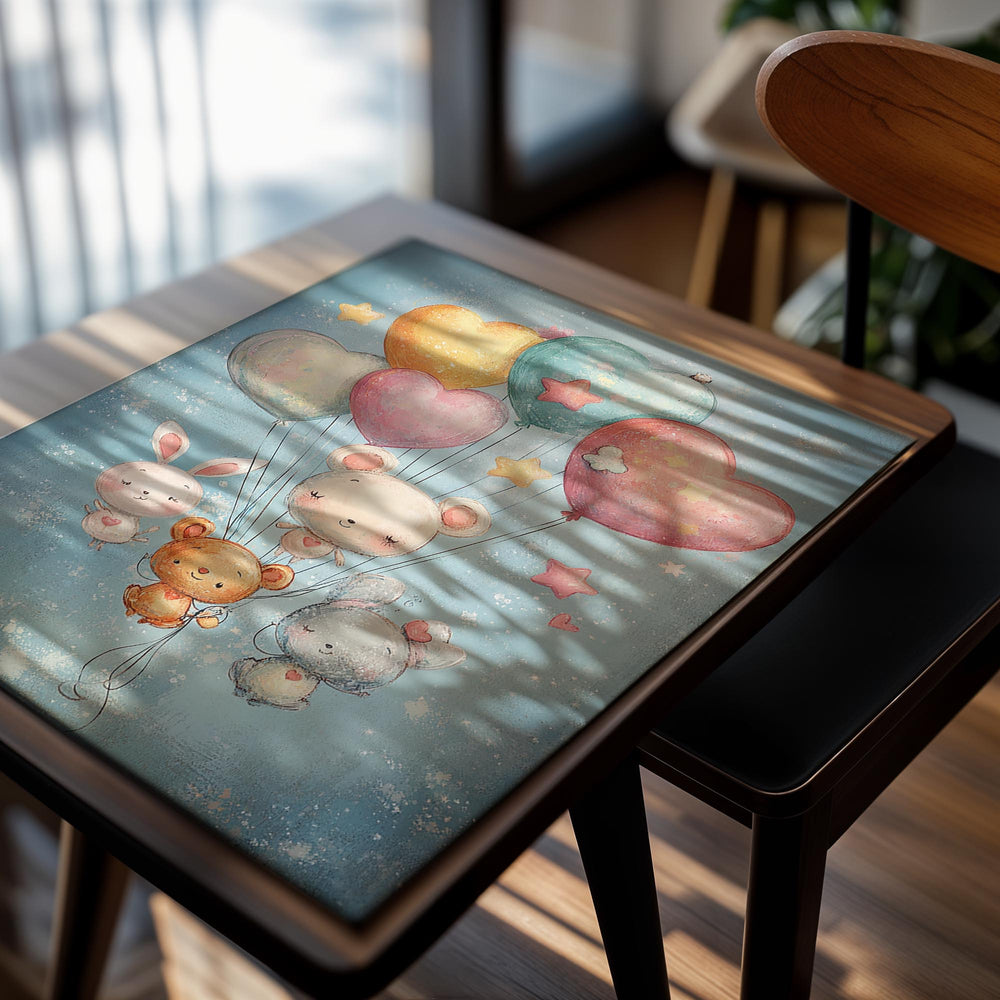 Illustration of cartoon animals with balloons on a blue background, as a premium aluminum metal print from GoMetalPrint.
