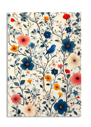 Floral pattern with blue, orange, and pink flowers on a white background, as a premium aluminum metal print from GoMetalPrint.
