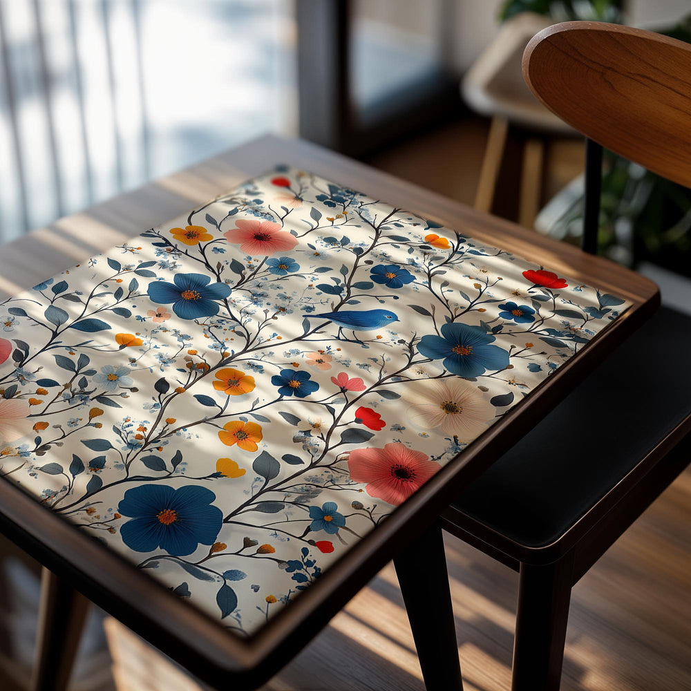 Floral pattern with blue, orange, and pink flowers on a white background, as a premium aluminum metal print from GoMetalPrint.
