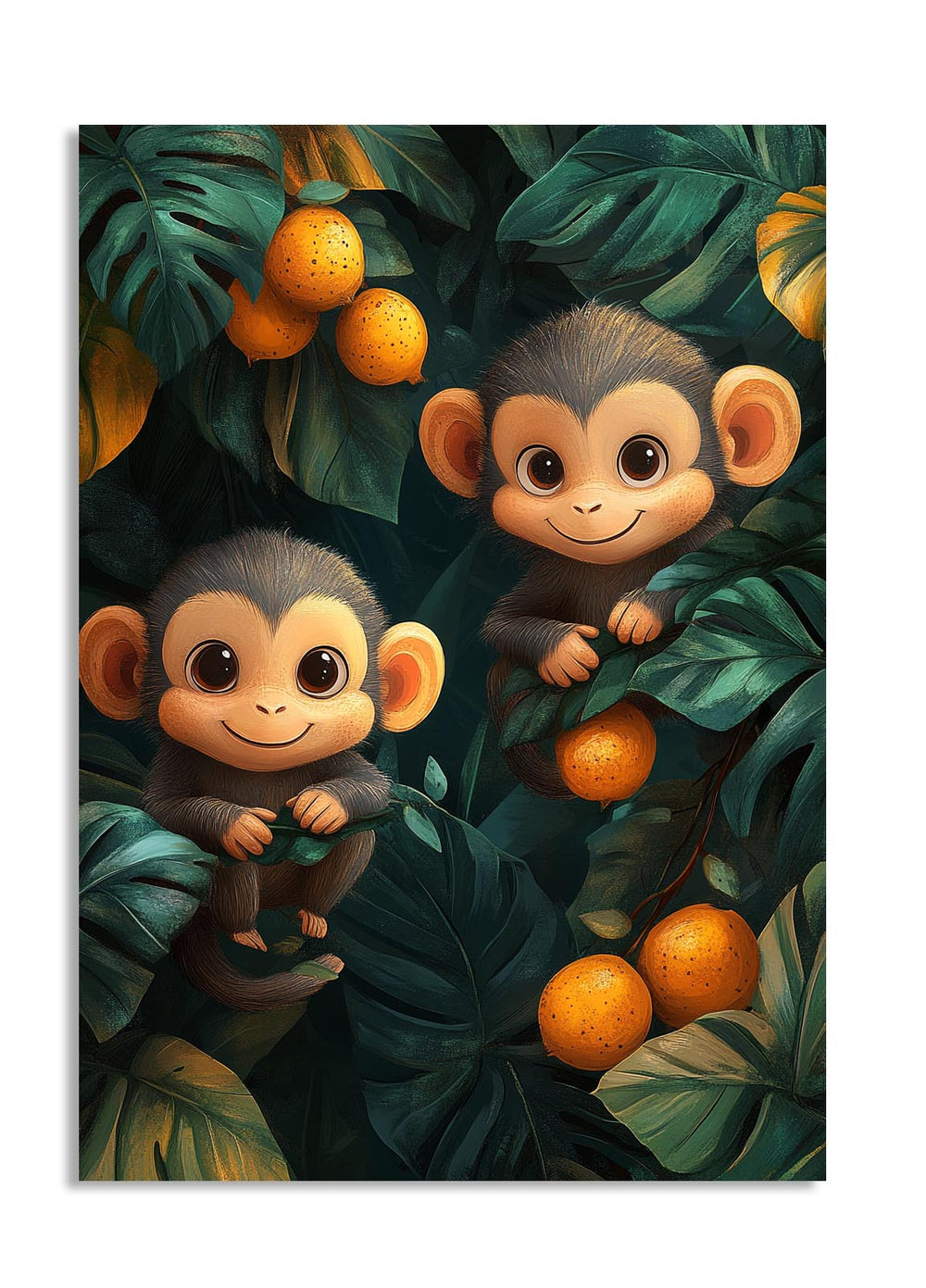Two cartoon monkeys among green leaves and oranges on a dark background, as a premium aluminum metal print from GoMetalPrint.
