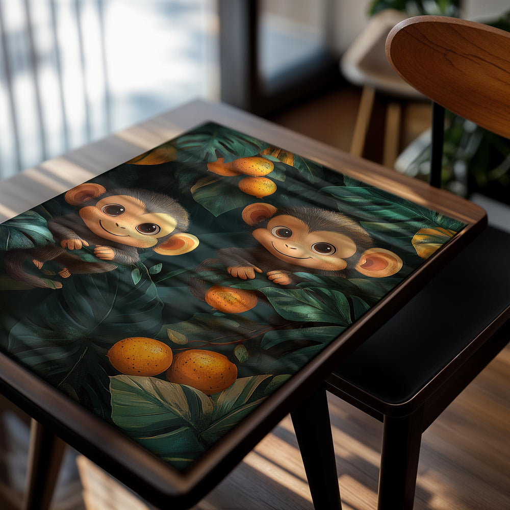 Two cartoon monkeys among green leaves and oranges on a dark background, as a premium aluminum metal print from GoMetalPrint.
