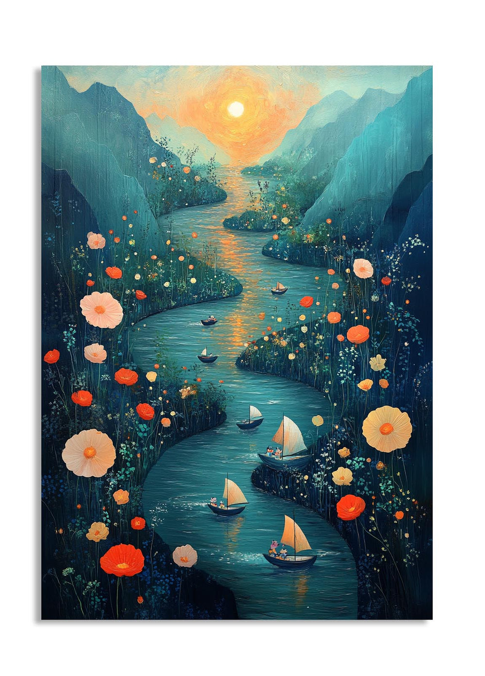 Futuristic cityscape with flying cars and a skyline of tall buildings, as a premium aluminum metal print from GoMetalPrint.
