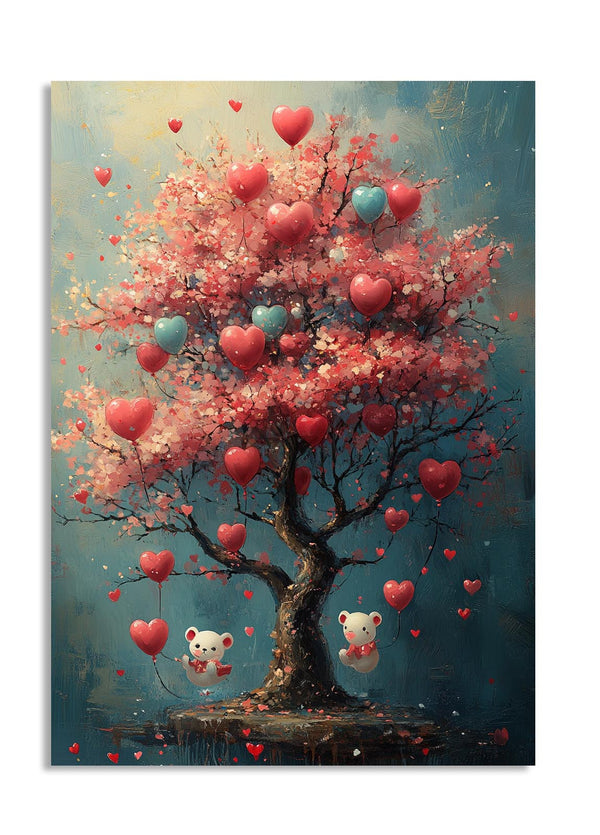 Fantasy tree with heart-shaped balloons and teddy bears against a blue sky, as a premium aluminum metal print from GoMetalPrint.
