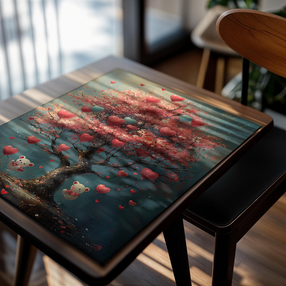 Fantasy tree with heart-shaped balloons and teddy bears against a blue sky, as a premium aluminum metal print from GoMetalPrint.
