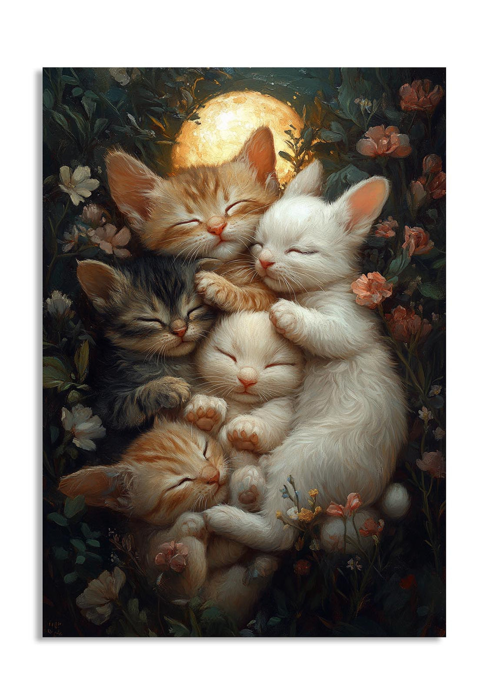 Illustration of four sleeping kittens surrounded by flowers and a full moon, as a premium aluminum metal print from GoMetalPrint.
